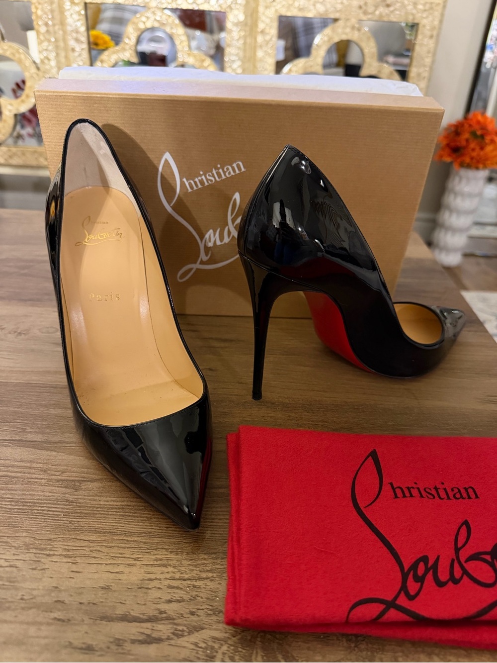 Christian Louboutin Black Patent Pointed-Toe Stiletto Pumps with Red Sole